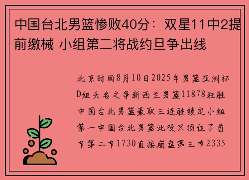 中国台北男篮惨败40分:双星11中2提前缴械 小组第二将战约旦争出线 中国台北男篮惨败40分:双星11中2提前缴械 小组第二将战约旦争出线